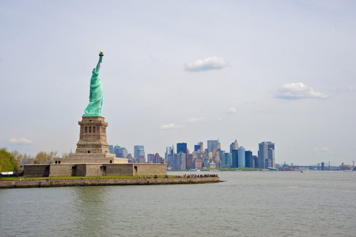 Statue of Liberty with lower Manhattan in the background
